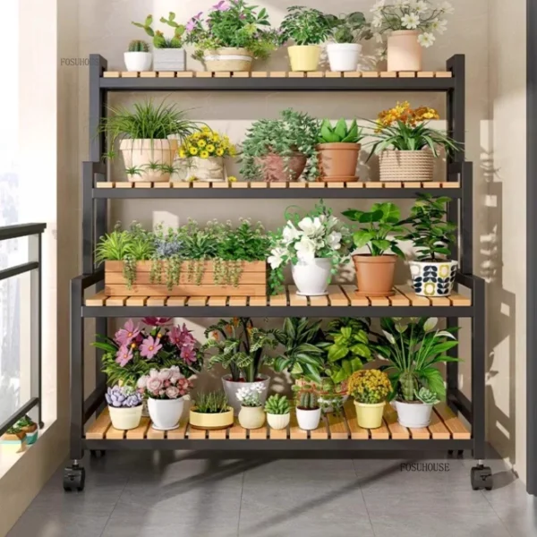 Multi-layer Plant Shelves with Wheels Floor-standing Metal Flower Pot Racks Indoor and Outdoor Balcony Living Room Plant Stand R