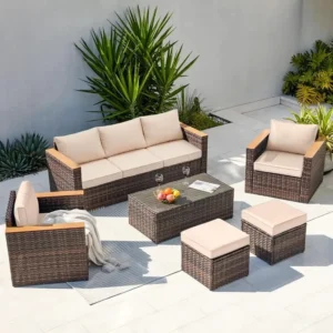 6 Pieces Outdoor Patio Conversation Set Sectional Sofa Chair with Ottoman, PE Rattan Wicker Furniture.